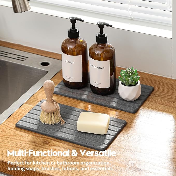 Razborci 2PCS Water Absorbing Stone Drying Tray Mat for Bathroom Sink & Kitchen Counter Organizer, Quick Dry Dish Soap Dispenser Sponge Holder, Vanity Sink Caddy, Coaster, Dark Gray - 10" x 6"