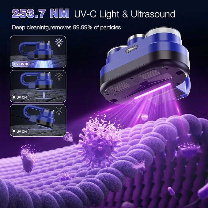 Maircle Mattress Vacuum Cleaner, Corded Bed Vacuum with 253.7nm UV-C Light, Ultrasonic & High Heating 16Kpa Powerful Double-Cup Handheld Vacuum for Bed, Sofa, Couch