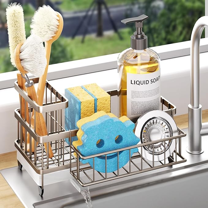 Consumest Sponge Holder for Kitchen Sink - Auto Draining Sink Caddy Organizer with Detachable Rack, High Brush Holder, Kitchen Countertop Storage Accessories, Sand Nickel