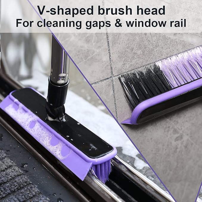Grout Cleaner Brush with Long Handle, V-Shaped Floor Scrub Brush Swivel Grout Brush Stiff Bristle Floor Grout Scrubber for Bathroom, Tile Line, Crevice, Kitchen, Wall, Deck, Garage (Purple)