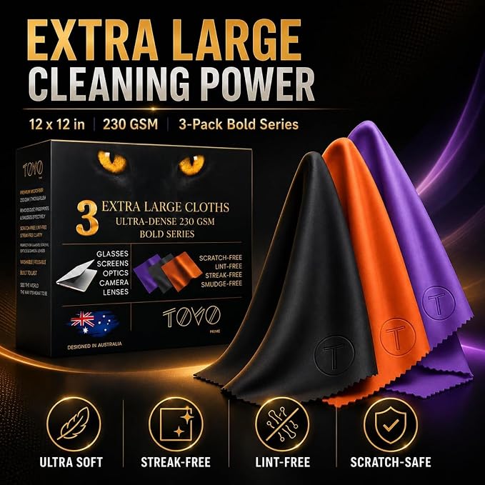 Extra Large Microfiber Cleaning Cloth – 3 Pack, 12"x12", 230 GSM Thick Lens Cleaner for Glasses, Camera & Screens, Ultra Soft, Streak-Free, Lint-Free, Scratch-Safe (Bold Series)