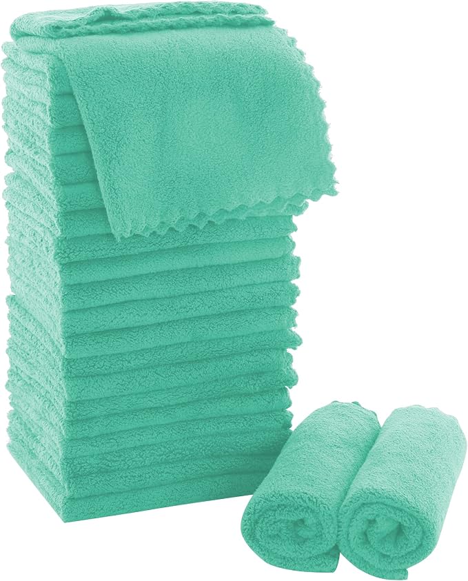 MOONQUEEN Ultra Soft Premium Washcloths Set - 12 x 12 inches - 24 Pack - Quick Drying - Highly Absorbent Coral Velvet Bathroom Wash Clothes - Use as Bath, Spa, Facial, Fingertip Towel (Aqua Green)
