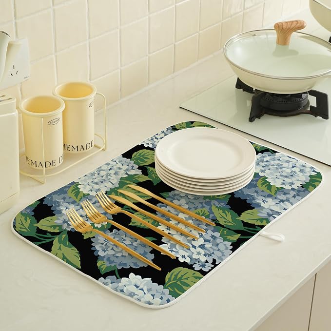 Spring Floral Dish Drying Mat 18x24 Inches For Kitchen Counter Absorbent Black Blue Hydrangea Flower Kitchen Decoration Summer Floral Drying Mat Pad For Home Kitchen,Dining Room,Office Decor