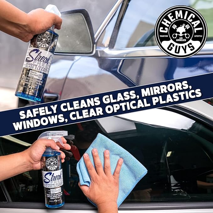 Chemical Guys Streak Free Window Clean Auto Glass Cleaner Bundle with Waffle Weave Microfiber Towel, Ammonia Free Spray Safe for Tinted Windows, Mirrors, Touchscreens and Plastics, 16 fl oz