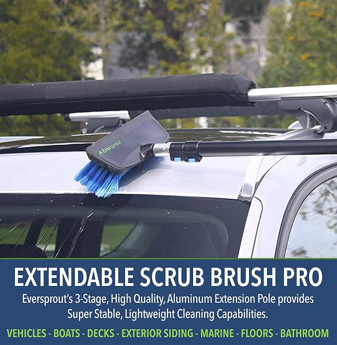 EVERSPROUT Scrub Brush, 1.5 to 3ft Pole, Rubber Bumper, No-Scratch | For Cars, Trucks, RV, Boats, Driveways, Decks, Patios, Decks, House Siding, 8-10ft Standing Reach, Non-Slip Grip, Lightweight