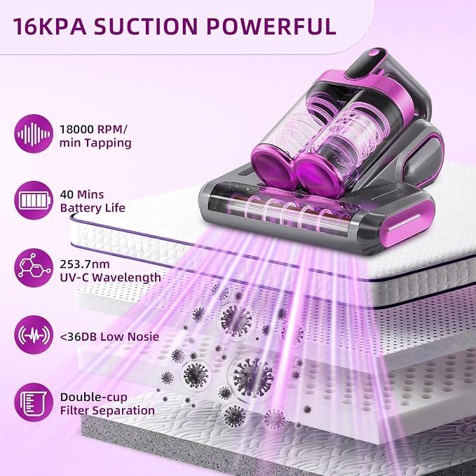 Cordless Mattress Vacuum Cleaner with 253.7nm UV-C Light, Purple | 16Kpa Handheld Bed Vacuum Ultrasonic, Widened Suction, Low Noise, HEPA Filtration for Mattress Sofa Couch Pet Hair
