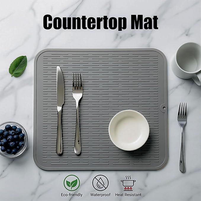 MicoYang Silicone Dish Drying Mat for Multiple Usage,Easy clean,Eco-friendly,Heat-resistant Silicone Mat for Kitchen Counter or Sink,Refrigerator or Drawer Liner Grey XL 18 inches x 16 inches