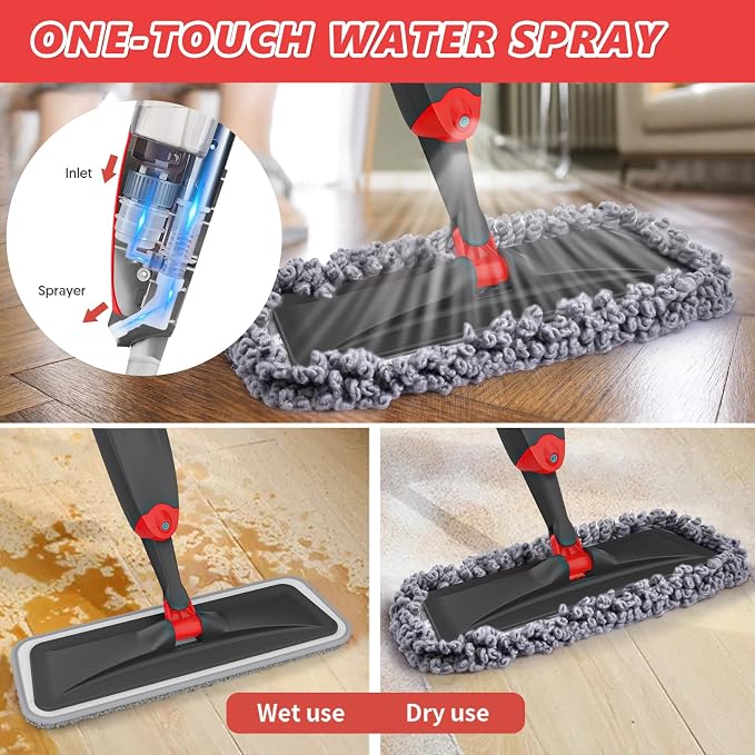 HOMTOYOU Microfiber Hardwood Floor Mop: Spray Mop for Cleaning Wood Floors | Wet Mopping & Dry Sweeping, 3 Reusable Refill Pads, 1Pcs 400+ML Refillable Bottle, 360° Swivel Head, Black