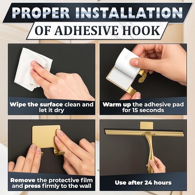 Gold Squeegee for Shower Glass, 14" Silicone Blade, Stainless Steel | Shower Door Squeegee with Hook, Adhesive Mount; All-Purpose Bathroom Tile, Mirror, & Window Wiper for Streak-Free Cleaning