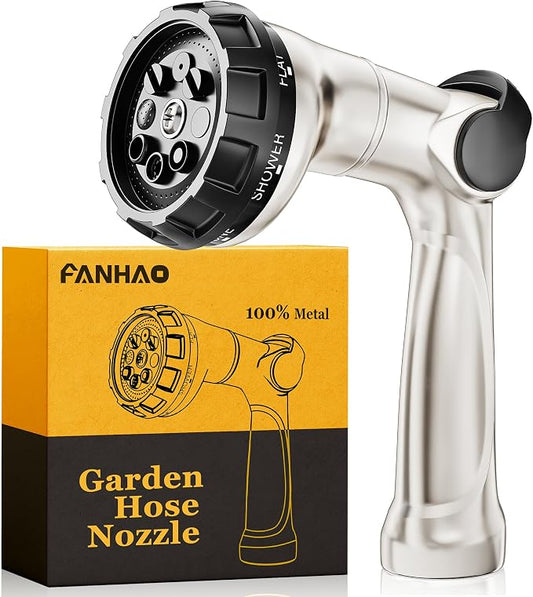 FANHAO Thumb Control Garden Hose Nozzle Heavy Duty Metal, 8 Spray Patterns | Rustproof Zinc Alloy Water Hose Sprayer, High Pressure, Non-Slip Ergonomic Grip for Lawn & Plant Watering, Car & Pet Washing
