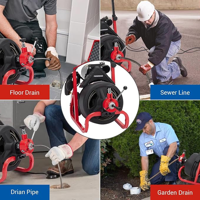 75 ft x 1/2 in Drain Cleaner Machine with 6 Cutters & Gloves, Auto Feed Sewer Snake for 2–4 Inch Pipes, Professional Plumbing Drain Cleaner Machine
