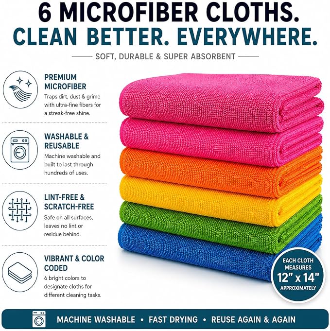 Handy Housewares Multicolor Microfiber Cleaning Cloths Set of 6 | 12" x 14" Each, Streak-Free Clean, Washable & Reusable, Multi-Purpose Use, No Lint or Residue