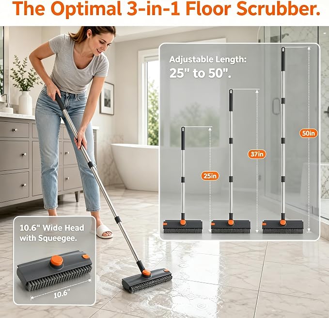 3-in-1 Floor Scrub Brush with Long Handle, Rotating Head Squeegee & Tweezer | Stiff Dual-side Bristle, 50'' Extension Pole, Stainless Steel, Multi-Surface for Shower Tile Patio Kitchen Deck Cleaning