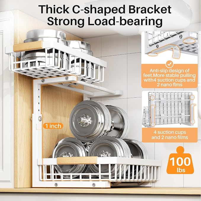 PXRACK Under Sink Organizer, Adjustable Height, 2 Tier Pull Out Under Cabinet Organizer, Slide Out Thickened Metal Under Sink Storage for Kitchen Bathroom Laundry Pantry Cabinet, White, Small-2-Pack