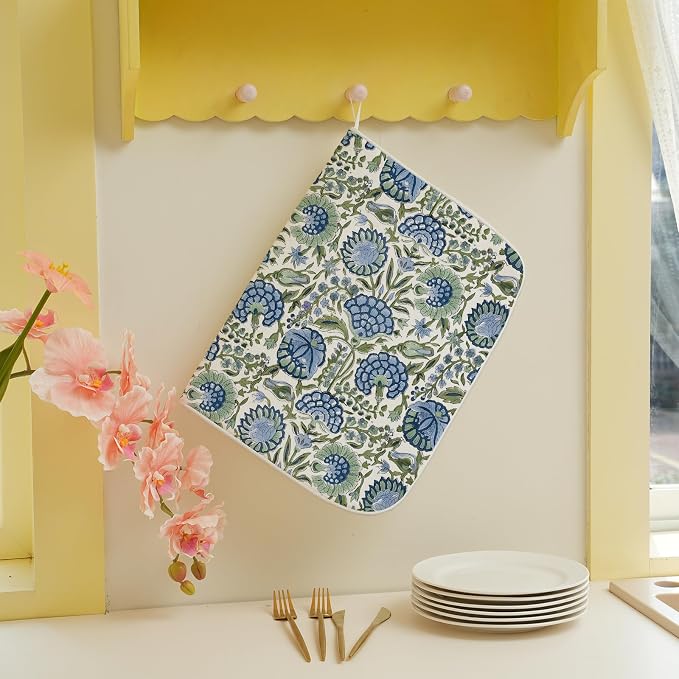 Boho Navy Blue Sage Green Dish Drying Mat 18x24 Inch Vintage Floral Drying Mat Chinoiserie Flower Spring Summer Absorbent Dish Drying Pad Dish Rack Drainer Mats for Kitchen Dining Counter