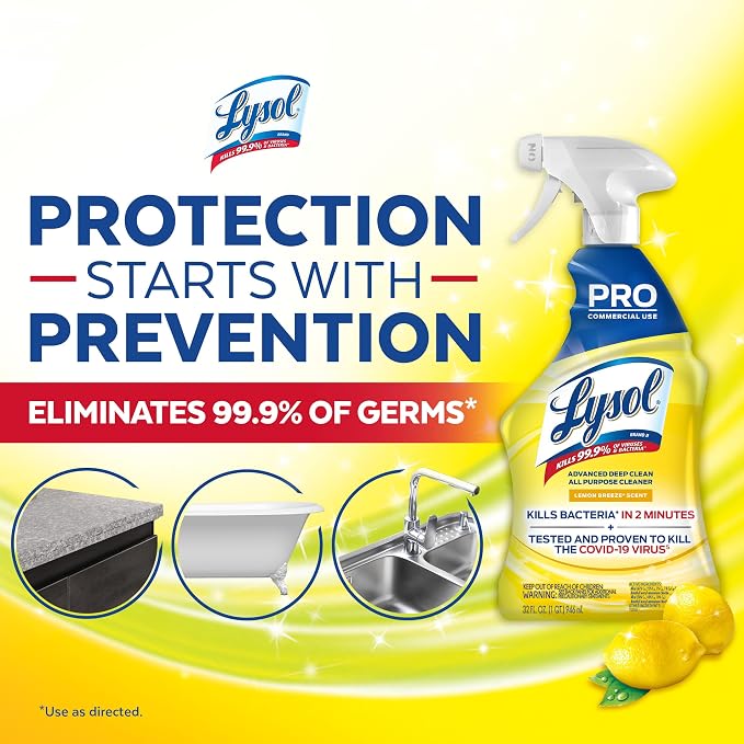 Lysol Pro All-Purpose Cleaner - Advanced Deep Cleaning Sanitizing and Disinfecting Spray - Lemon Breeze Scent - 32 oz Bottle (946 ml) - Pack of 12 - Commercial Use for Hotels, Facilities, Offices