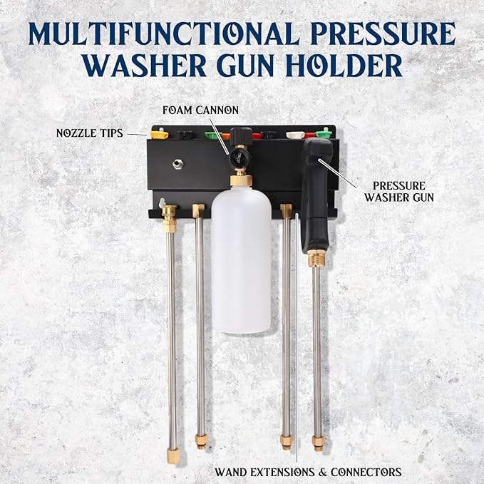 DoubleFill Pressure Washer Gun Holder, Wall Mount Foam Cannon Holder, Car Wash Accessories Organizer for Wand/Nozzle Tips, 1/4'' Pressure Washer Accessories Storage Rack(Black)