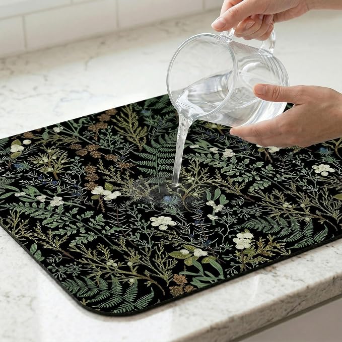 Black Sage Green Plant Dish Drying Mat, Summer Botanical Absorbent Microfiber Pad, Reversible Kitchen Counter Sink Mat for Home Decor