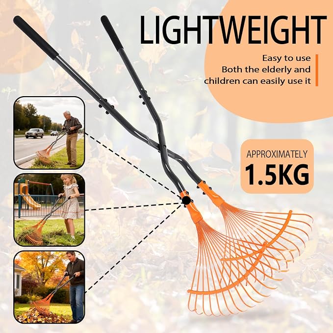 Leaf Grabber Rake with Long Handle, Black and Orange, Heavy-Duty Garden Lawn Cleanup Tool