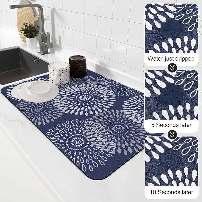LuxStep Dish Drying Mat Super Absorbent Kitchen Counter Mat Rubber Backing Draining Mat Easy to Clean Kitchen Accessories Dish Rack Pad for Dishes, Utensils, Countertops, Sinks 16" x 24" Blue