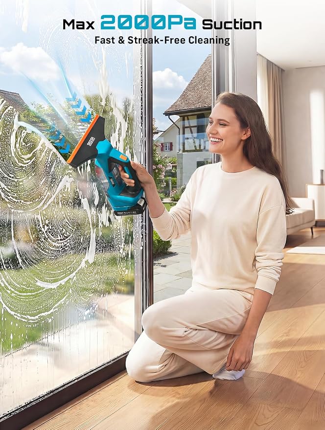 SEESII Cordless Window Vacuum Squeegee 2X 2000mAh for Glass Window | 11" and 6.7" Squeegees, 2000Pa, 120Mins, Two Batteries,150ml Water Tank