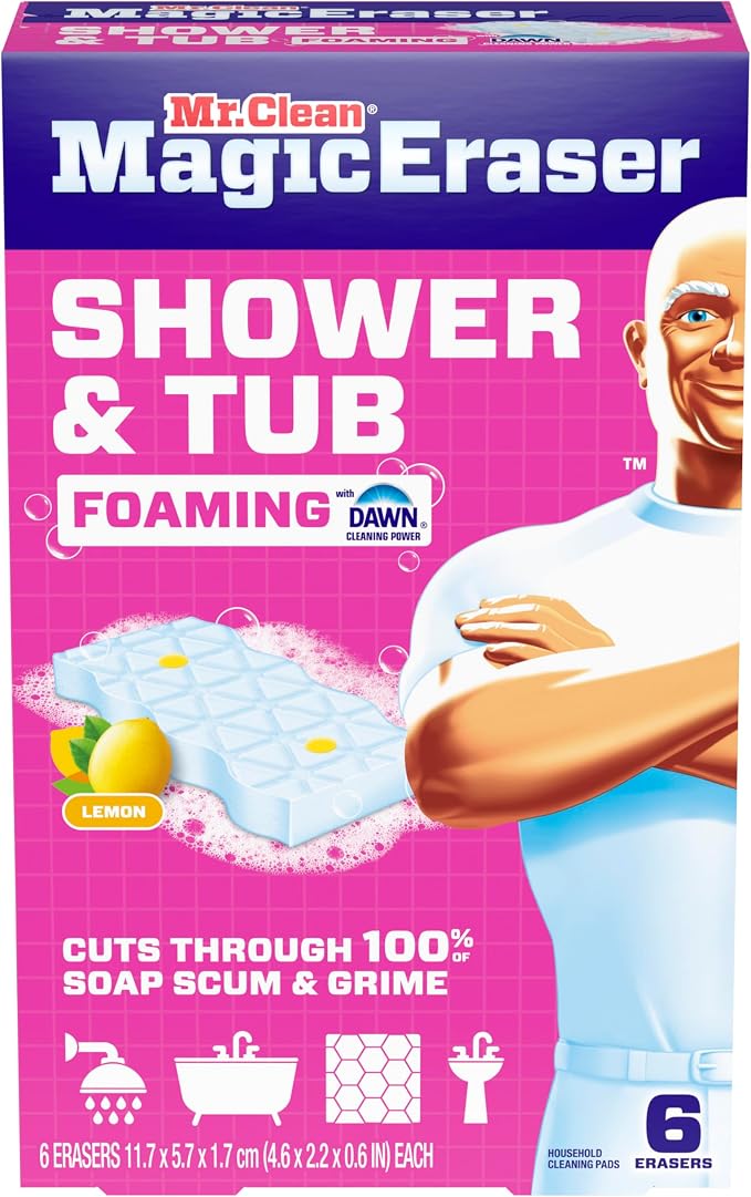 Mr. Clean Magic Eraser Sponge, Bathroom, Shower, Tub Cleaner, Soap Scum Remover, Bathroom Cleaning Supplies, Dawn Cleaning Power with Lemon Scent, Shower & Tub, 6ct
