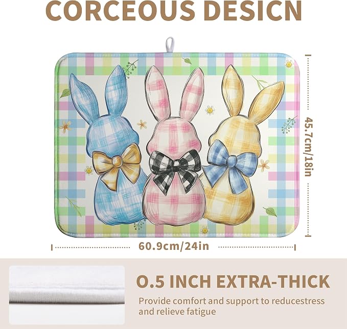 Easter Drying Mat for Kitchen Counter 18x24 Inch Spring Cute Bunny Dish Drying Mats Colorful Buffalo Plaid Rabbits Drying Pad Microfiber Absorbent Dish Drainer Rack Mat Easter Kitchen Accessories