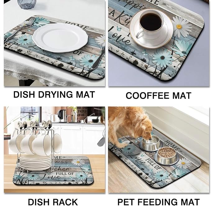 Dish Drying Mat 2-Pack in Daisy Floral Wood for Kitchen Counter Dishes Mat | Diatom Mud Mats (18x24, 19.5x12"). Non-slip rubber back for kitchen counter, coffee bar & sink scenes