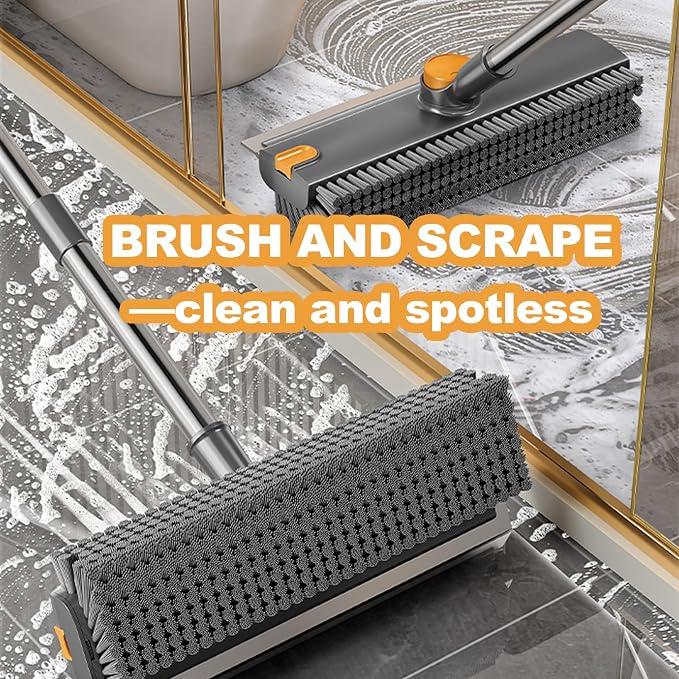 Floor Scrub Brush with Long Handle 3 in 1 Heavy Duty Stiff Bristle Scrubber Brush with Scraper V-Shaped Double-Sided Cleaning Brushes for Pool Tile, Grout,Crevices,Shower,Bathroom,Wall,Patio (Grey)