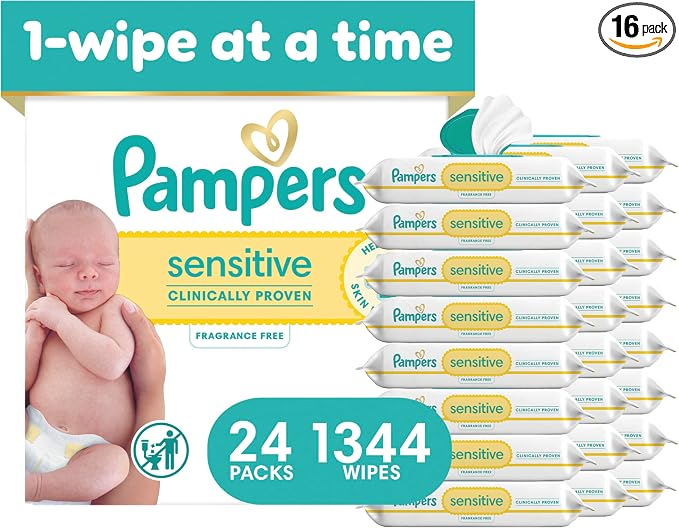Pampers Sensitive Baby Wipes, Clinically Proven, Fragrance Free, Unscented, Water Based, Hypoallergenic, Multi-Use, Hand Wipes 1344 Wipes Total (24X Flip-Top Packs) [Packaging May Vary]