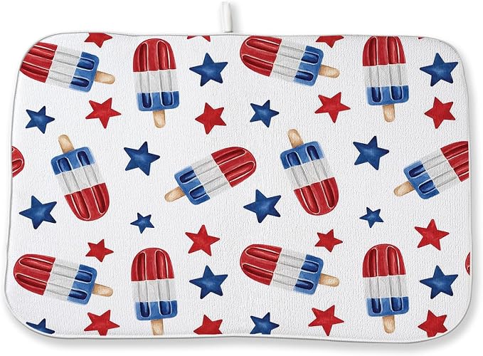 4th of July Dish Drying Mat 18x24 Inch Blue Red Ice Cream Stars Patriotic Drying Mat Independence Day Memorial Day Absorbent Dish Drying Pad Dish Rack Drainer Mats for Kitchen Dining Counter