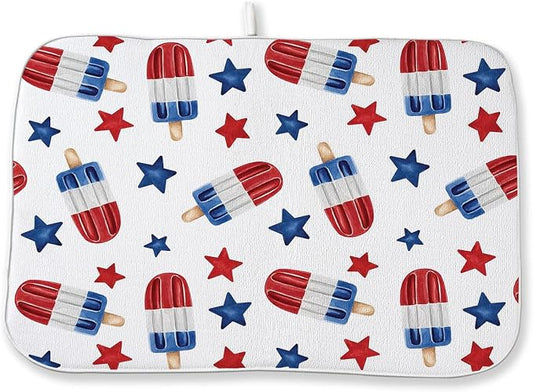 4th of July Dish Drying Mat 18x24 Inch Blue Red Ice Cream Stars Patriotic Drying Mat Independence Day Memorial Day Absorbent Dish Drying Pad Dish Rack Drainer Mats for Kitchen Dining Counter