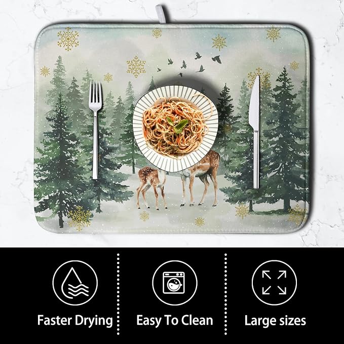 Reindeer Tree Snowflakes Christmas Dish Drying Mats for Kitchen Counter 18x24 Inch Winter Forest Dish Drainer Mats Absorbent Reversible Dish Draining Microfiber Dishes Drying Pad