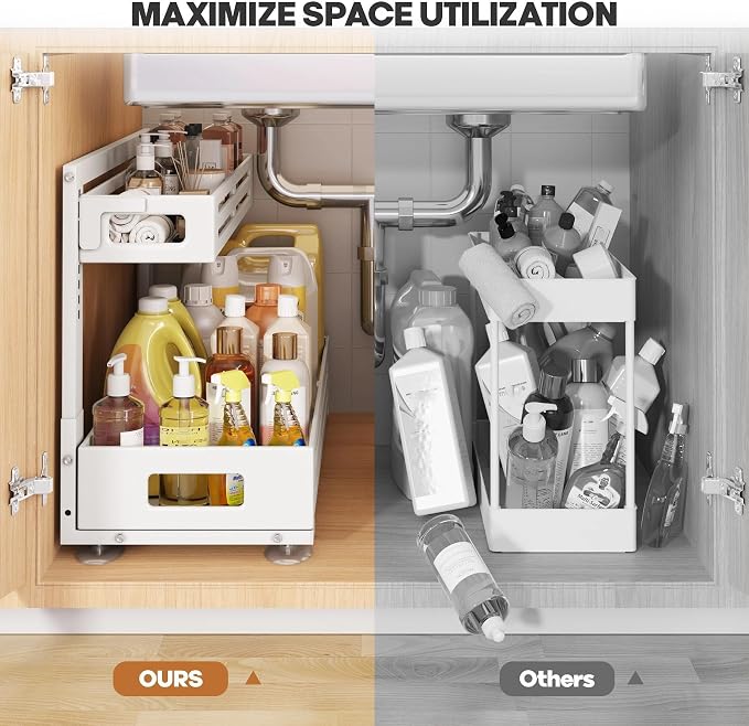 2 Pack 21IN-Depth Under Sink Organizer,Pull Out Cabinet Organizer With Smooth Cylindrical Rail,Metal Slide Out Drawer for Kitchen Bathroom Laundry,8-Level Tool Free Height Adjustable-White