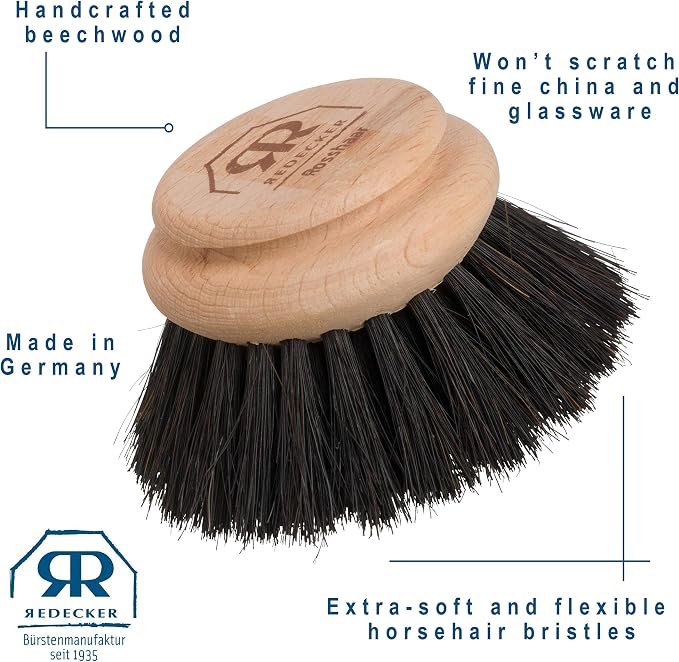 Redecker Dish Brush Replacement Head, Horsehair, 2 Inch Round – Soft Wooden Brush Head for Glassware & Delicate Surfaces, Made in Germany