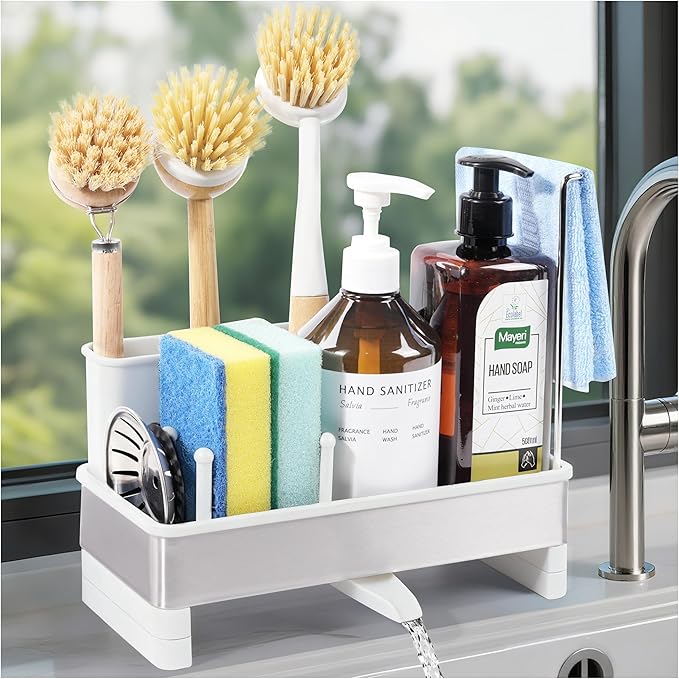 Sponge Holder for Kitchen Sink Caddy Organizer, Dish Brush Holder | Stainless Steel Sponge Caddy for Kitchen Countertop Organizer, Rustproof Dish Soap and Sponge Rack with Dishcloth Drying Rack