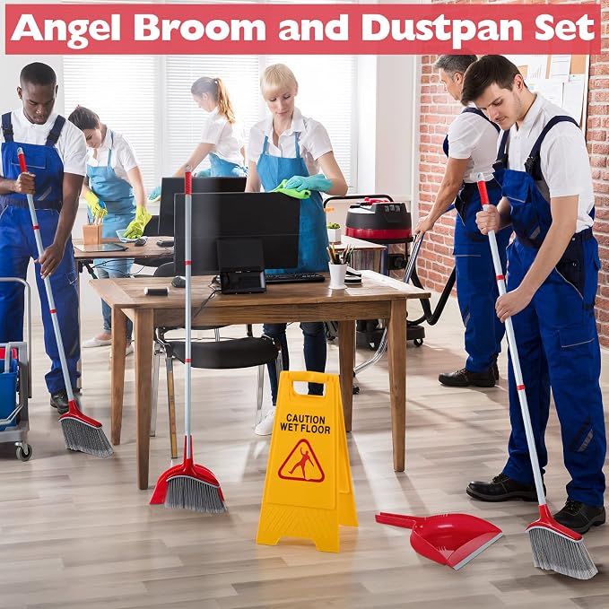 Meanplan 2 Pcs Angle Broom and Dustpan Combo Set for School Classroom 54'' Outdoor Indoor Cleaning Broom Commercial Broom with Step-on Dustpan for Home Kitchen Office Floor Dirt Dust Hair Cleaning