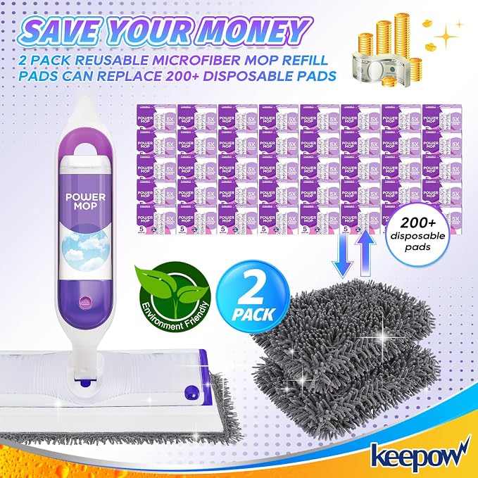 KEEPOW Reusable Microfiber Mop Pads for Swiffer PowerMop 2 Pack | Power Mop Pads Refills for 13 ''-15 '' Spray Mop, Machine Washable Pad Replacement for Multi-Surface Floor Cleaning