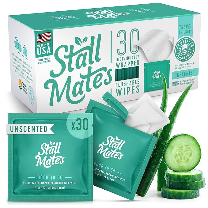 Stall Mates - Flushable Wipes, Individually Wrapped, Travel Friendly, Unscented with Cucumber, Vitamin-E & Aloe, (30 on-the-go singles)