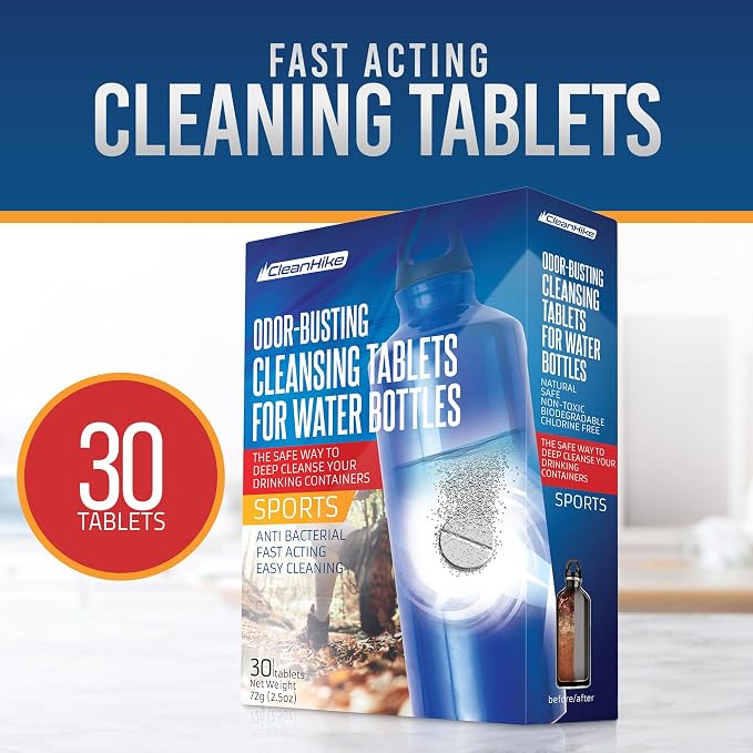 CleanHike Tumbler Water Bottle Cleaning Tablets - All Natural Ingredient, Great for All Stainless, Plastics, Ceramic and Glass Drinking Containers, Individually Packed (30 Count)