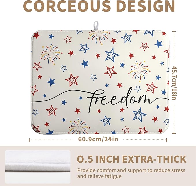 Patriotic Stars Dish Drying Mats 4th of July Dish Mat Kitchen Large Drying Matt Dishes Dryer Pad for Kitchen Counter Absorbent Microfiber Washable Foldable Reusable 18x24 in