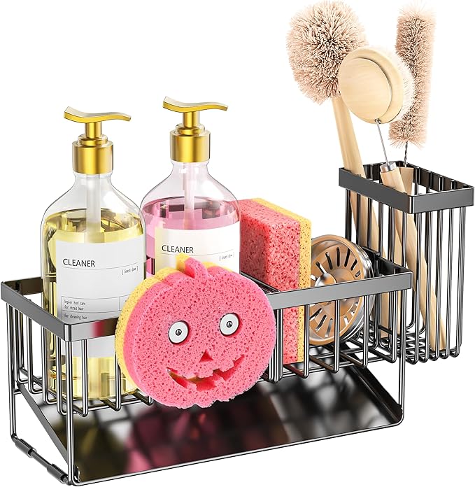 Cisily 8.26'' Sponge Holder for Kitchen Sink, Smiley Face Sink Caddy with Removable Brush Holder,Self-Draining Sponge Caddy for Sponge,Soap,Dish Brush,Scrubber,Kitchen Essentials and Gadgets