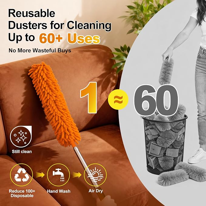 Tiumso 5-in-1 Duster with Extension Pole 100” Extendable Dusters for Cleaning Reusable Anti-Spin Dusting Kits for High Ceiling Fans, Cobwebs & Vents, Reinforced Stainless Steel Telescopic Handle