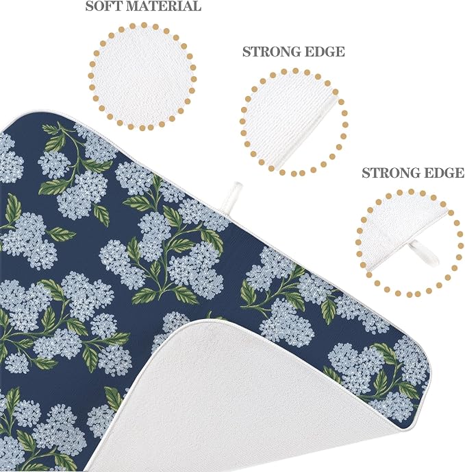 Navy Blue Dish Drying Mat 18x24 Inch Blue Green Vintage Floral Hydrangea Flower Drying Mat Spring Summer Seasonal Absorbent Dish Drying Pad Dish Rack Drainer Mats for Kitchen Dining Counter