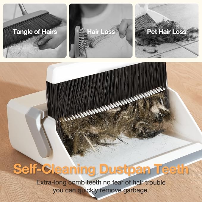 Broom with Dustpan Combo Set,UOEOS One-Sweep Clean,Pet Hair Removal Broom with Self-Cleaning Double-Layer Teeth,High Density Broom and Windproof Dustpan for Indoor&Outdoor