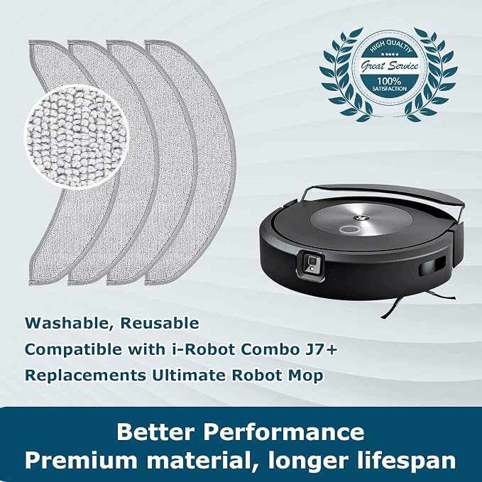 4 Pack Replacement Mop Pads for i-Robot Roomba Combo j7+/ j9+ Accessories | Microfiber Washable Mopping Pad for iRobot Roomba Combo j7+/ j9+ Robot Vacuum and Mop (Not fits for Roomba j7/ j7+/ j9+)