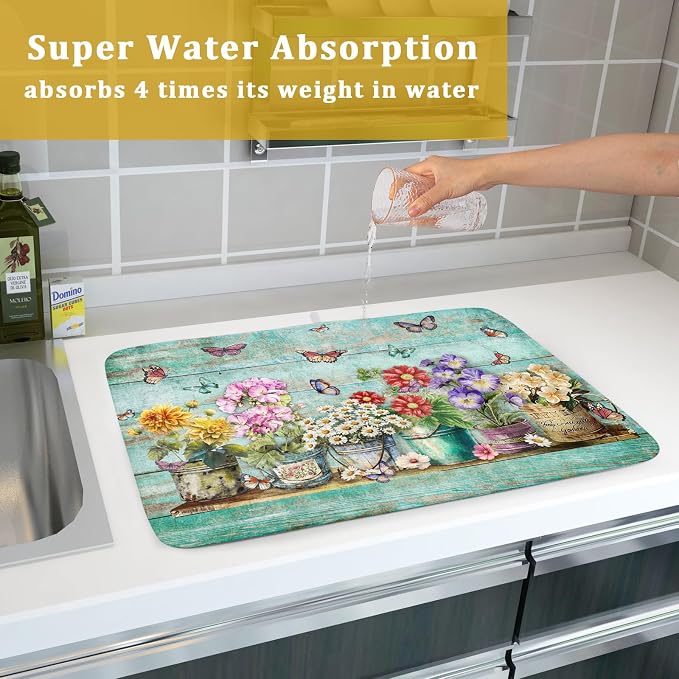Spring Floral Rustic Dish Drying Mat for Kitchen Counter Absorbent Microfiber Large Drying Pad 18 x 24 Inch Flowers Jars