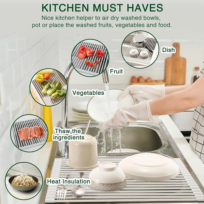 HANZENMA Roll Up Dish Drying Rack Over The Sink Kitchen Roll Up Sink Drying Rack Multipurpose Foldable Sink Drying Mat, Heat-Resistant, Anti-Slip & Anti-Rust Dish Rack for Kitchen, 20.5" x 13", White