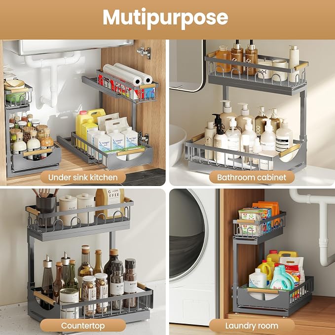 2 Pack 2 Tier Under Sink Organizer and Storage for Bathroom and Kitchen - Under Cabinet Pull Out Shelf Organizers - Sliding Out Drawer Organization for Home Cabinets Shelves and Drawers