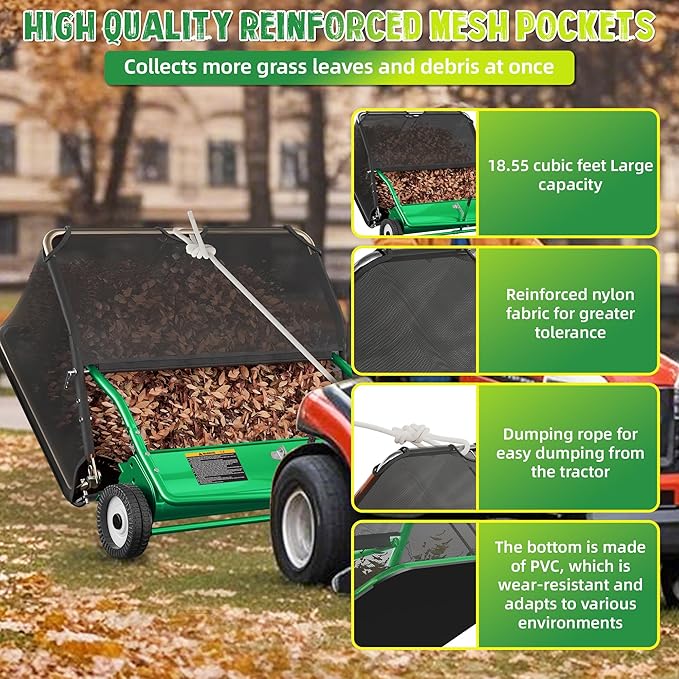 42" Lawn Sweeper Tow Behind, Pull Behind Lawn Sweeper with 18.55 cu. ft Large Hopper, Heavy Duty Leaf & Grass Collector, Adjustable Brush Height Lever and Dumping Rope, Lawn and Yard Cleanup Tool